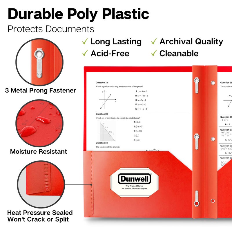 Dunwell Plastic 2-Pocket Folders with 3 Prongs, (2 Pack, Red), Durable Acid-Free Poly is Cleanable, Tear Resistant, 3-Clasp Document Holder, Labels Included - Image 2